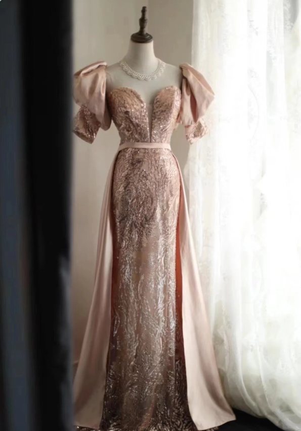 Elegant Pink Mermaid Sequined Prom Dress Evening Dress Main image
