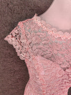 Elegant Pink Mermaid Short Sleeve Crew Neck Cutout Lace Long Prom Dress Evening Dress