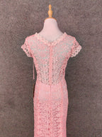 Elegant Pink Mermaid Short Sleeve Crew Neck Cutout Lace Long Prom Dress Evening Dress