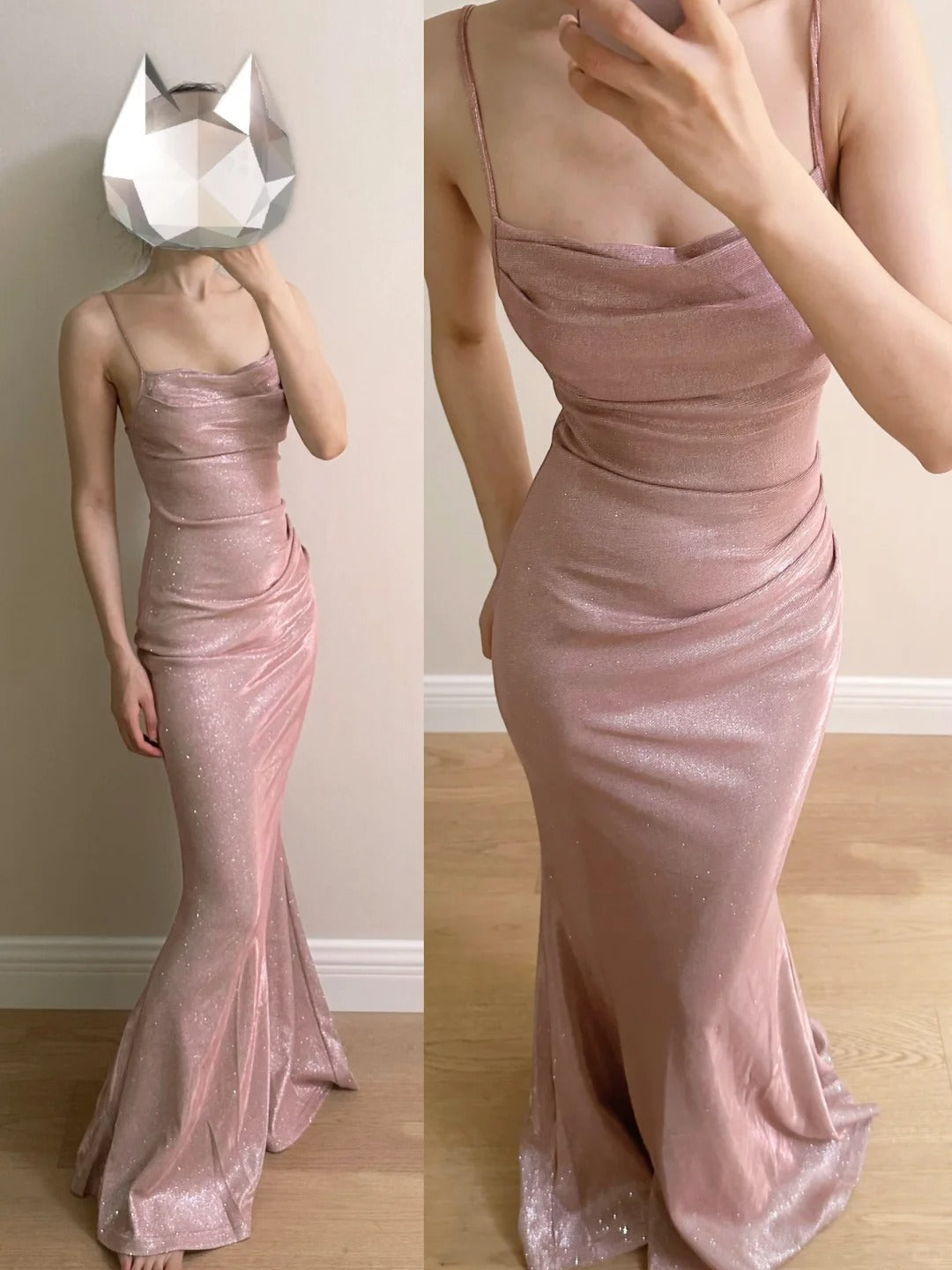 Elegant Pink Mermaid Spaghetti Strap Glittery Long Prom Dress Evening Dress Bridesmaid Dress Main image