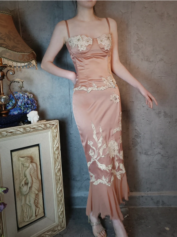Elegant Pink Mermaid Spaghetti Strap Lace Embroidered Satin Prom Dress Evening Dress