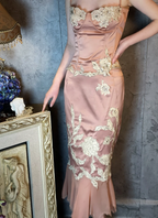 Elegant Pink Mermaid Spaghetti Strap Lace Embroidered Satin Prom Dress Evening Dress