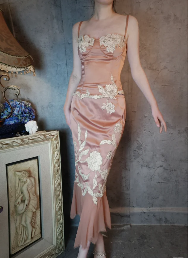 Elegant Pink Mermaid Spaghetti Strap Lace Embroidered Satin Prom Dress Evening Dress Main image