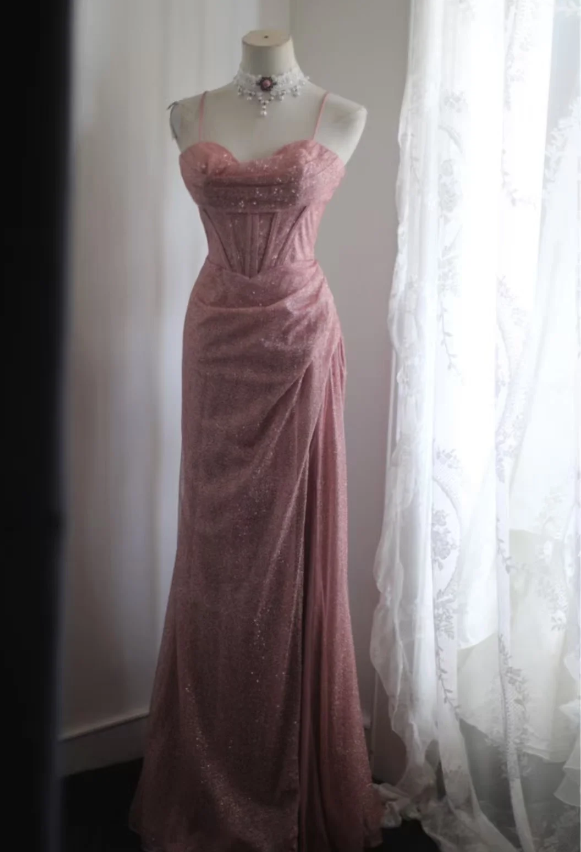 Elegant Pink Mermaid Spaghetti Strap Sequined Long Prom Dress Evening Dress Main image