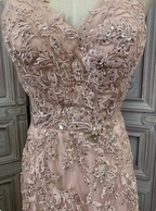 Elegant Pink Mermaid V-Neck Lace Embroidery Tulle Long Prom Dress Evening Dress