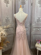 Elegant Pink Mermaid V-Neck Lace Embroidery Tulle Long Prom Dress Evening Dress