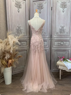 Elegant Pink Mermaid V-Neck Lace Embroidery Tulle Long Prom Dress Evening Dress