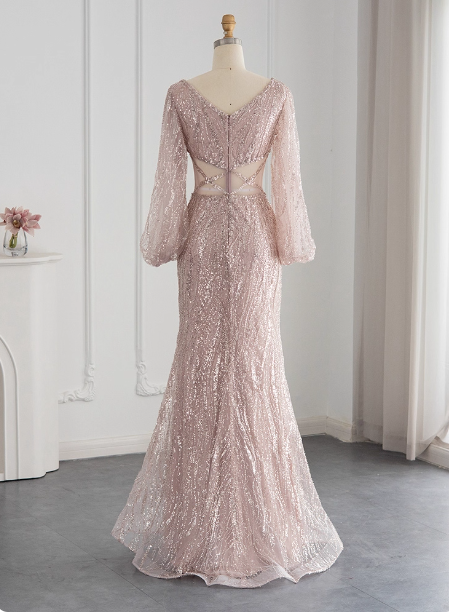 Elegant Pink Mermaid V-Neck Long Sleeve Sequin Long Prom Dress Evening Dress Secondary image