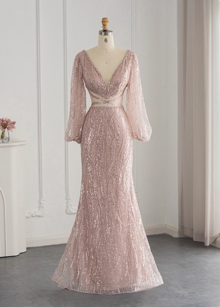 Elegant Pink Mermaid V-Neck Long Sleeve Sequin Long Prom Dress Evening Dress Main image