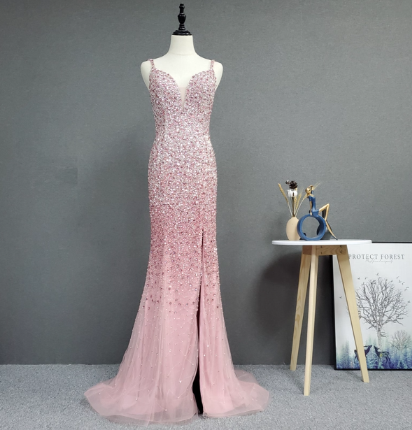 Elegant Pink Mermaid V-Neck Spaghetti Strap Full Rhinestone Slit Tulle Train Prom Dress Evening Dress