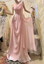 Elegant Pink Off-shoulder 3D Flower Pleated Chiffon Long Prom Dress