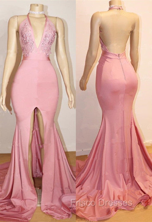 Elegant Pink Formal Prom Party Gowns| Backless Lace Evening Gown With Slit Secondary image