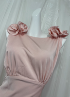 Elegant Pink Sleeveless 3D Floral Crew Neck Satin Long Prom Dress Evening Dress