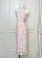 Elegant Pink Slim Halter Neck Jacquard Slit Long Prom Dress Evening Dress