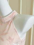 Elegant Pink Slim Halter Neck Jacquard Slit Long Prom Dress Evening Dress