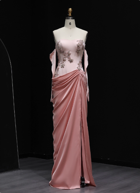 Elegant Pink Strapless Embroidered Floral Satin Slit Long Prom Dress Evening Dress Main image