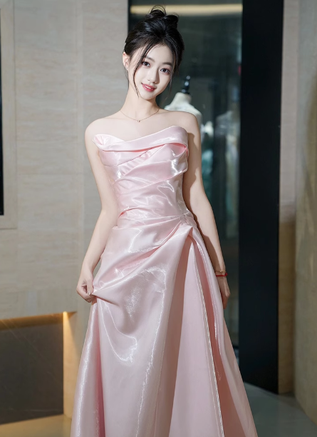 Elegant Pink Strapless Ruffled Satin Long Prom Dress Evening Dress Bridesmaid Dress Secondary image