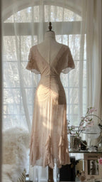 Elegant Pink V-neck Short-sleeved Chiffon Flowing Prom Dress