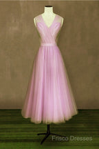 Elegant Pleated Tulle Midi Formal Prom Party Dress