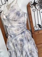 Elegant Printed Spaghetti Strap V-Neck Ruffled Layered Tulle Prom Dress