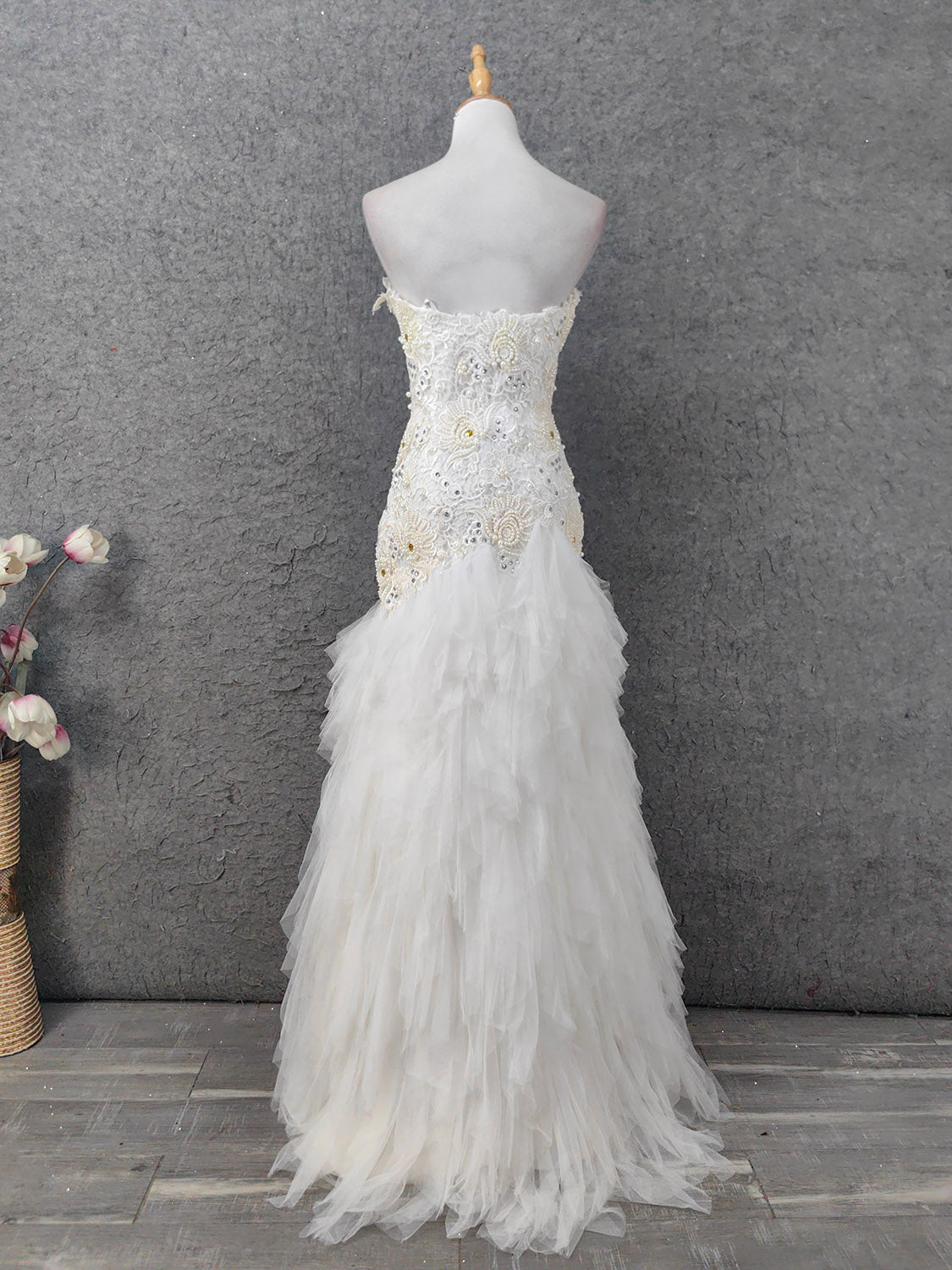 Elegant Pure White Sweetheart Neck Pearl Lace Tulle Long Prom Dress Evening Dress