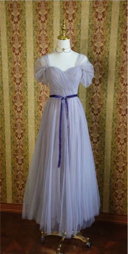 Elegant Purple A-Line Puff Sleeve Tulle Long Prom Dress Evening Dress Bridesmaid Dress Secondary image