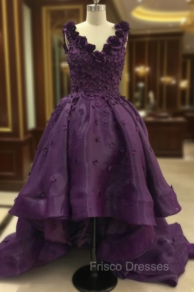 Elegant Purple Deep V Neck Appliqued Floral Short Front Long Back High Low Formal Prom Dress