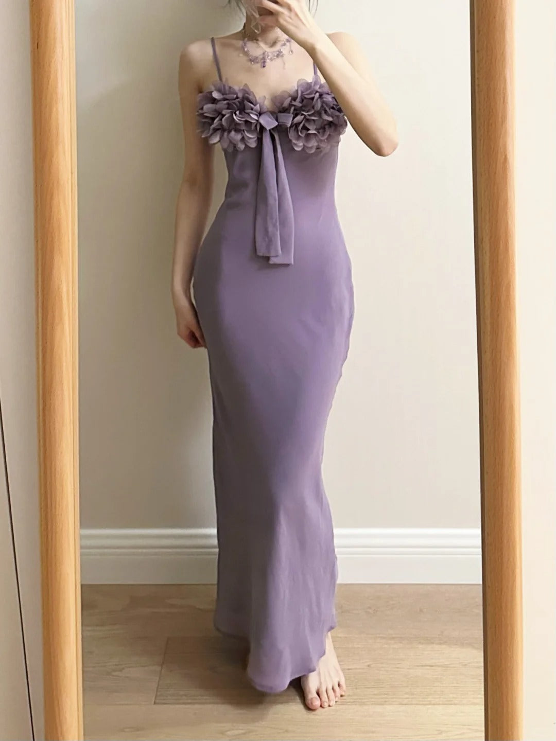 Elegant Purple Mermaid 3D Flower Bow Thin Strap Satin Long Prom Dress Evening Dress Bridesmaid Dress Main image