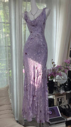 Elegant Purple Mermaid Printed Boat Neck Chiffon Long Prom Dress Evening Dress