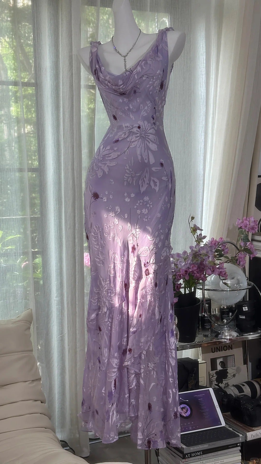 Elegant Purple Mermaid Printed Boat Neck Chiffon Long Prom Dress Evening Dress