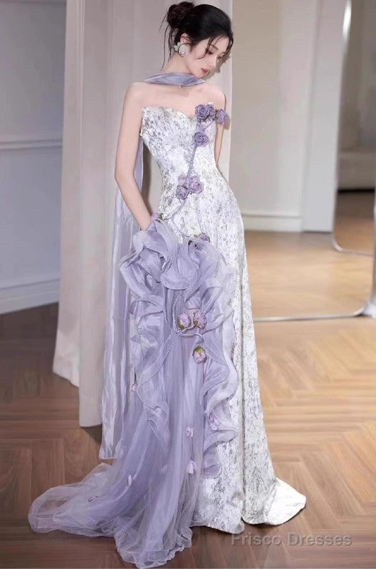 Elegant Purple Mermaid Strapless Satin Tulle Long Prom Dress Applique Evening Gown Secondary image