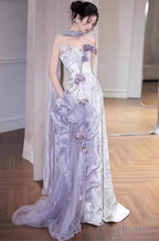 Elegant Purple Mermaid Strapless Satin Tulle Long Prom Dress Applique Evening Gown