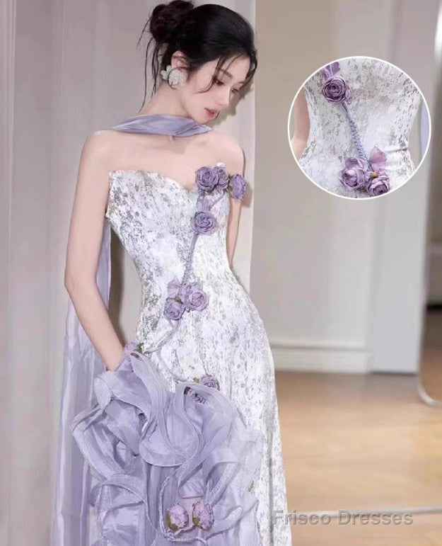 Elegant Purple Mermaid Strapless Satin Tulle Long Prom Dress Applique Evening Gown