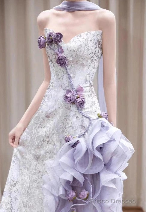 Elegant Purple Mermaid Strapless Satin Tulle Long Prom Dress Applique Evening Gown