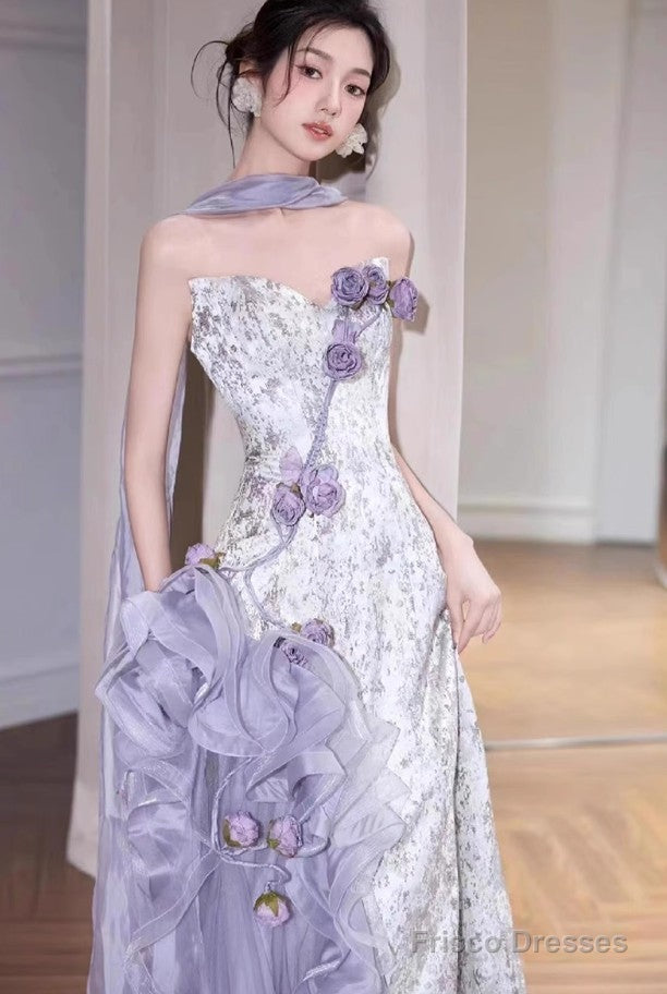 Elegant Purple Mermaid Strapless Satin Tulle Long Prom Dress Applique Evening Gown