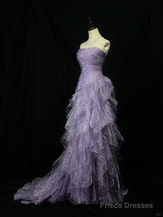 Elegant Purple Mermaid Strapless Tulle Layered Long Prom Dress Formal Evening Dress