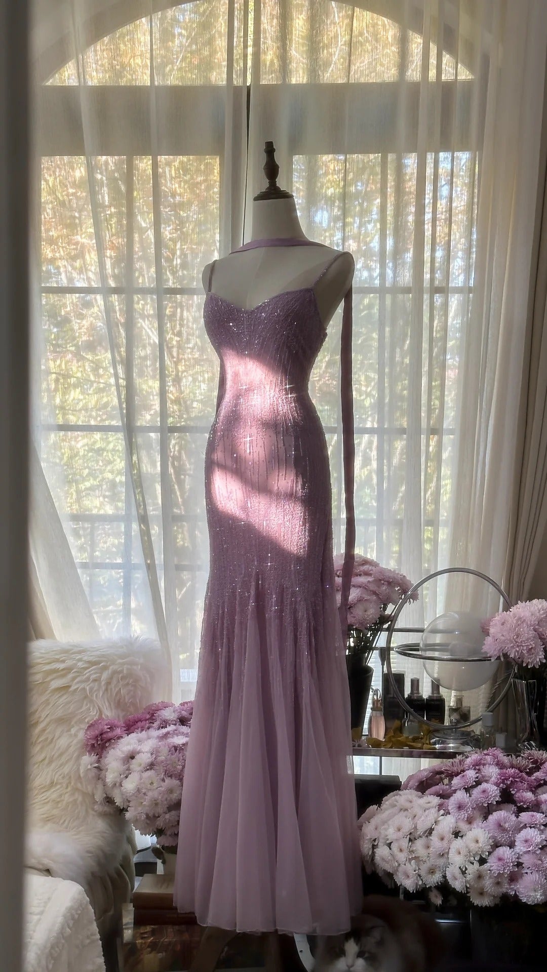 Sparkly Spaghetti Straps Purple Mermaid Wedding Guest Dresses Beaded Tulle Chiffon Long Prom Dresses