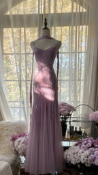 Sparkly Spaghetti Straps Purple Mermaid Wedding Guest Dresses Beaded Tulle Chiffon Long Prom Dresses