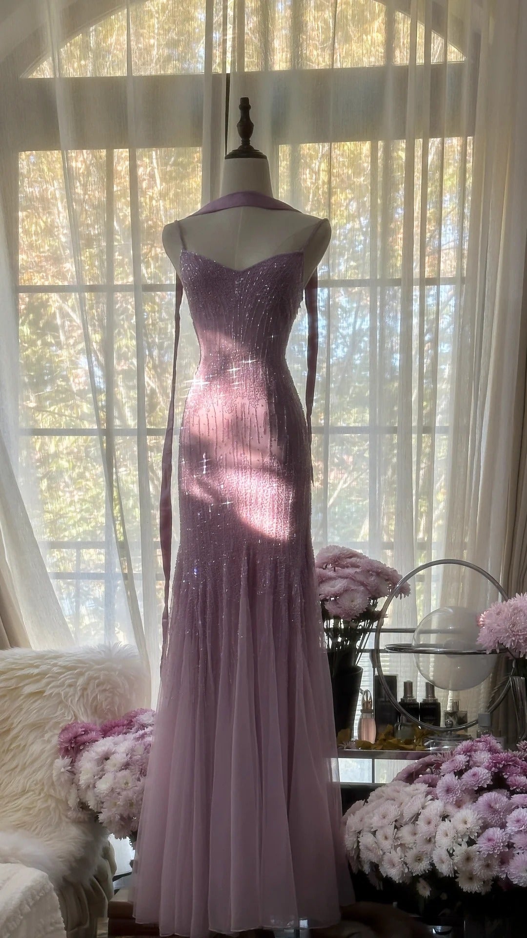 Sparkly Spaghetti Straps Purple Mermaid Wedding Guest Dresses Beaded Tulle Chiffon Long Prom Dresses