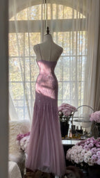 Sparkly Spaghetti Straps Purple Mermaid Wedding Guest Dresses Beaded Tulle Chiffon Long Prom Dresses