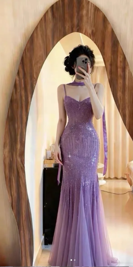 Sparkly Spaghetti Straps Purple Mermaid Wedding Guest Dresses Beaded Tulle Chiffon Long Prom Dresses