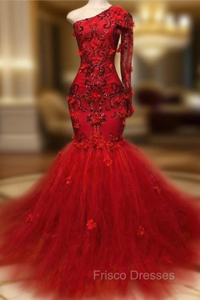 Elegant Red One-Shoulder Long-Sleeves Appliques Mermaid Formal Prom Party Gowns