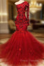Elegant Red One-Shoulder Long-Sleeves Appliques Mermaid Formal Prom Party Gowns