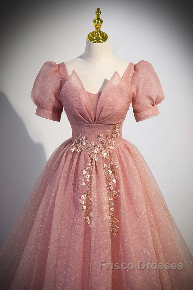Elegant Red Pink Beaded Rhinestone Fluffy Short Sleeved Ball Dress With Red Pink V-Neck Butterfly Patch Flower Dew Back Strap And Floor Length Evening Dress