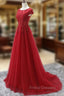 Elegant Red Tulle Long Formal Prom Dress with Lace Applique, Red Party Gowns
