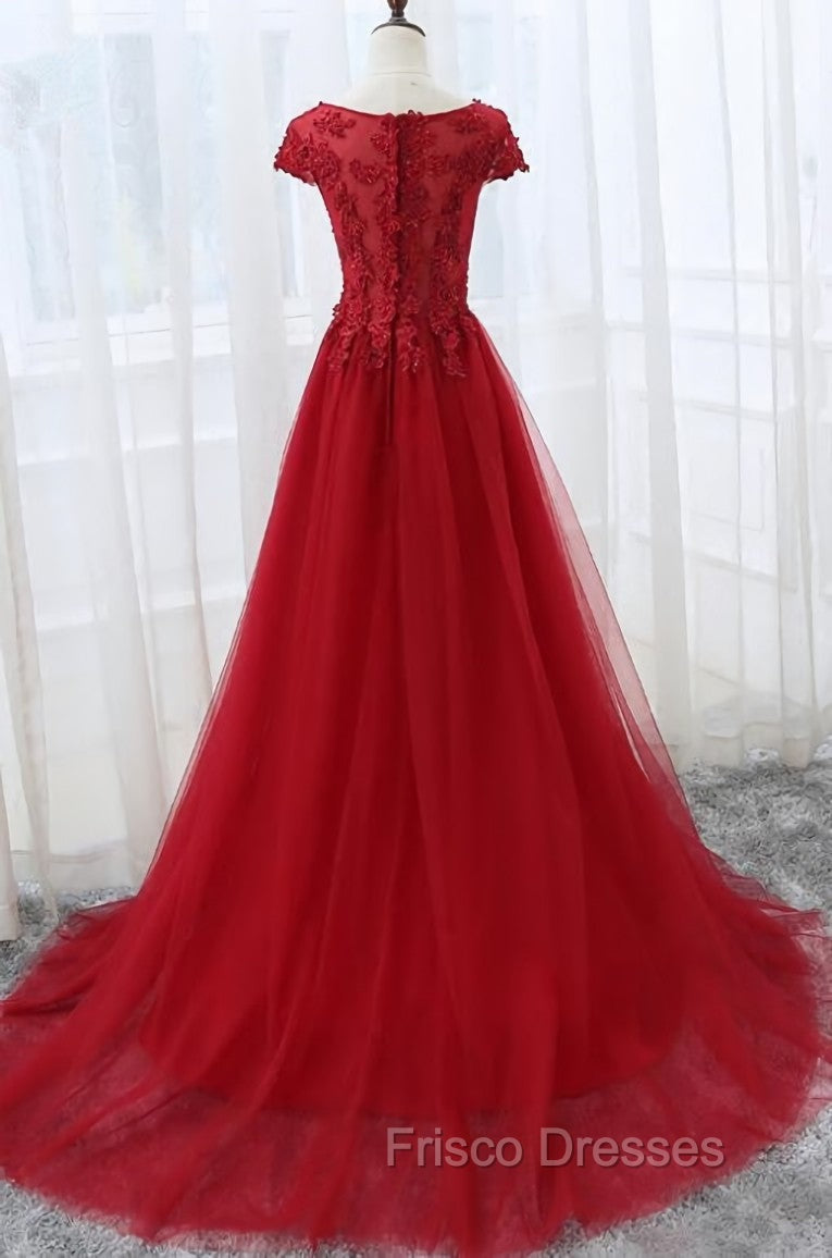 Elegant Red Tulle Long Formal Prom Dress with Lace Applique, Red Party Gowns