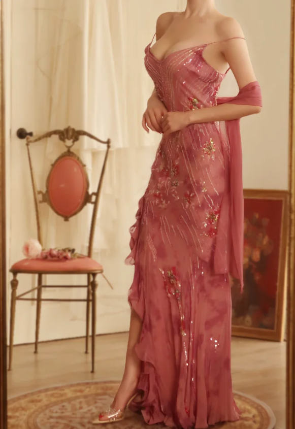 Elegant Rose Pink Mermaid Deep V-Neck Thin Strap Chiffon Long Prom Dress Evening Dress Main image