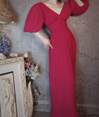 Elegant Rose Pink V-Neck Puff Sleeve Pleated Long Prom Dress Evening Dress