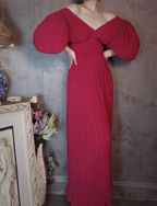 Elegant Rose Pink V-Neck Puff Sleeve Pleated Long Prom Dress Evening Dress