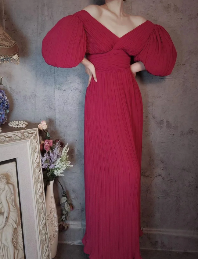 Elegant Rose Pink V-Neck Puff Sleeve Pleated Long Prom Dress Evening Dress